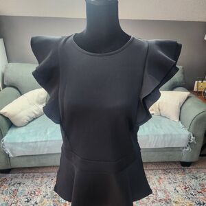 Venus Black Ruffle-Sleeve Peplum Top Size Large Stretchy Zipper Back